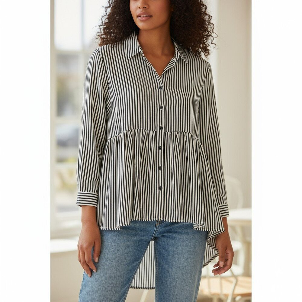 True Craft Womens Size 0X 12 W Black White Striped Long Sleeve Shirt Top Blouse